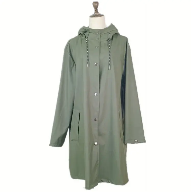 オリーブグリーン防水軽量ロングポリウレタンPUトレンチレインコートジャケット女性用レインギア