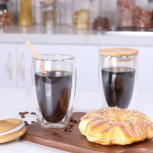 Taza de vidrio de doble pared, tazas de café de vidrio aislado con tapa de bambú, OPA de vidrio - Product Image 2