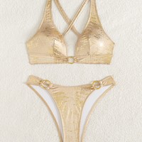 Metallic gouden folie halter O-ring tweedelige bikini met gekruiste rugband en hoge snit