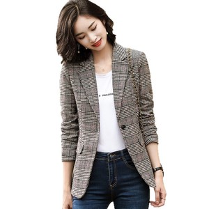 Women's Plaid Blazer Coffee Color Long Sleeve Anti-Wrinkle Casual Wear - Product Image 5