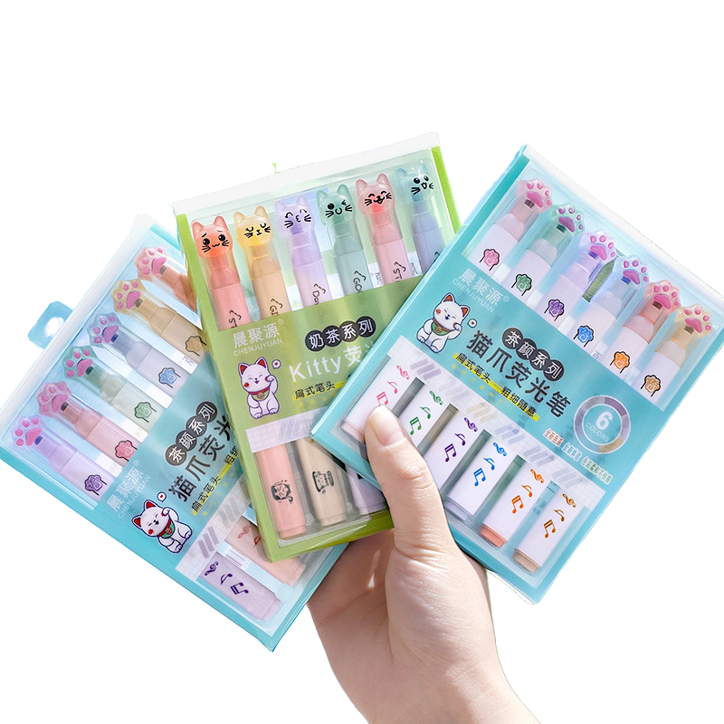 Cartoon Cat Kawaii Highlighters 6-Color Office Stationery Pens with Oblique Brush Tip Marker Pen Set