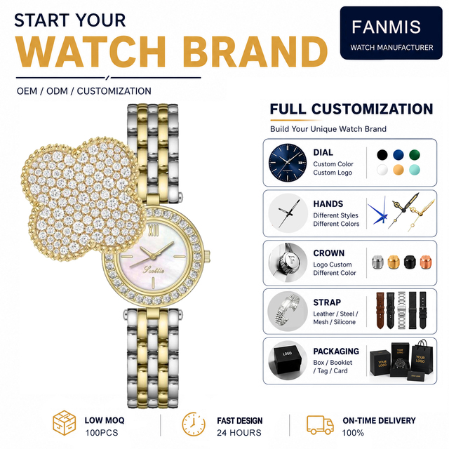 Custom Women's Round Quartz Watch 30M Waterproof Clover Charm with Dual Strap Options for Daily and Occasion Wear