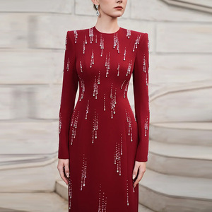 Vestidos Maxi <span class=keywords><strong>de</strong></span> Noche Elegantes y Formales <span class=keywords><strong>para</strong></span> <span class=keywords><strong>Mujer</strong></span>, <span class=keywords><strong>de</strong></span> Manga Larga, Color Rojo, con Pedrería, <span class=keywords><strong>de</strong></span> Lujo, al por Mayor, <span class=keywords><strong>de</strong></span> Fábrica, con Etiqueta Privada OEM Personalizada - Product Image 3