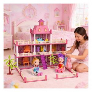 Casa de Muñecas de Plástico Inspirada en una Mansión, con Dormitorio, Cocina, Baño, Balcón y Muebles, Juguete de Regalo para Niños de 5 a 7 Años - Product Image 3