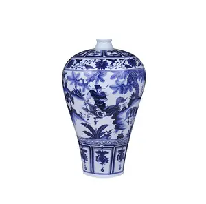 Jarrón de porcelana azul y blanca con patrón de figura retro china, reproducción de jarrón de porcelana azul y blanca Yuan antiguo a la venta