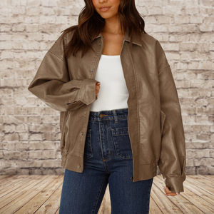 Women's PU Leather Bomber Jacket Full Sleeve <b>Zipper</b> Closure Turn-down Collar Autumn Style Solid Color Regular Fit - Product Image 1