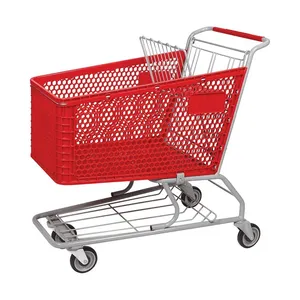 Double Layer 150 Liters Red Plastic Release Token Europe Market Shopping Trolley Cart