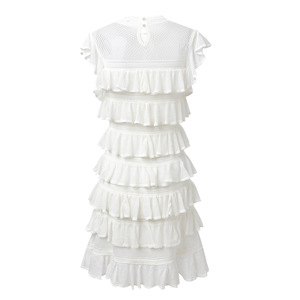 Nuovo Abito da Donna Bianco con Scollo a O, Patchwork Multistrato con Volant, Elegante e Casual, Senza Maniche, con Cut-out, Slim Fit in Maglia - Product Image 2