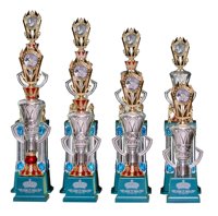 2024 élégant trophée à quatre colonnes en cristal peut personnaliser les cartes de fleurs de trophée au bas du trophée, impression de feuille d'or