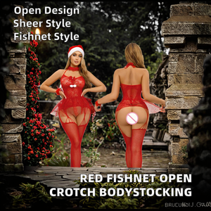 Рождественский костюм для вечеринки: красное прозрачное сетчатое сексуальное боди без швов на промежуточной части, нижнее белье для женщин, 92% полиамид, 8% эластан, средняя степень коррекции. - Product Image 2