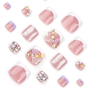 Uñas Postizas 3D con Diseño de Mariposa, Punta Francesa Rosa, Uñas Artificiales con Pedrería para Mujer, Verano, Playa - Product Image 5