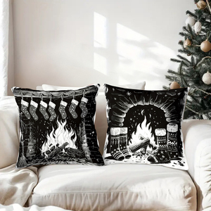 Taies d'oreiller de Noël noires et blanches avec des motifs de cheminée et de bas de Noël festifs pour une décoration de vacances chaleureuse. - Product Image 3