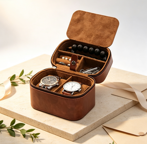 Étui de voyage vintage en cuir marron pour montres, double compartiment, boîte à bijoux portable pour bagues, colliers et bracelets de perles - Product Image 5