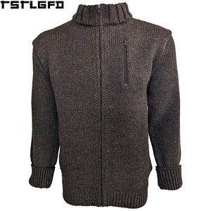 Cardigan zippé en laine britannique tricotée respirante pour homme, col montant, poche poitrine, marron foncé, style streetwear, vente en gros - Product Image 2