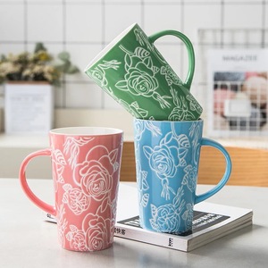 แก้วเซรามิค Rongqi ความจุขนาดใหญ่ ลายดอกกุหลาบสลัก สำหรับกาแฟ ชา ของขวัญ - Product Image 2