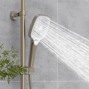 Ensemble de douche piano pour hôtel, <span class=keywords><strong>corps</strong></span> principal en laiton à poignée unique, finition or brossé, pomme de douche à jet de massage avec fonction pause incluse - Product Image 3