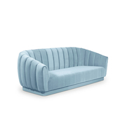 Sofá Moderno Curvo de Terciopelo, Juego de Sala de Estar de Alta Gama, Sofá de 3 Plazas con Capitoné Vertical Azul Claro, Sofá de Lujo