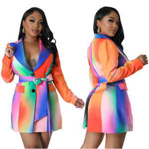 Mới Nhất Thiết Kế Mùa Thu Phụ Nữ Văn Phòng Dresses Cầu Vồng In Ấn Khăn Choàng Cổ Áo Phù Hợp Với Ăn Mặc Phụ Nữ Tie Dye Blazer Dress - Product Image 1