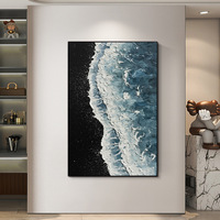 Peinture à l'huile abstraite moderne 3D texturée en relief, 100% peinte à la main, motif vague marine noir et blanc, sur toile, faite à la main