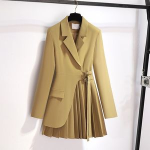 Toptan sıcak bahar yeni tasarım uzun takım elbise ceket Ol ince yüksek bel dantel-up <span class=keywords><strong>blazer</strong></span> elbise moda uzun elbise pilili elbise