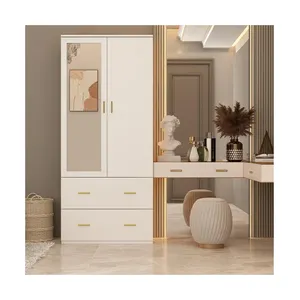 Hot Sale New Design PVC Wholesale Wooden Panel Home Furniture Bedroom Furniture 2-Door Armoire Cabinet with Two Drawers