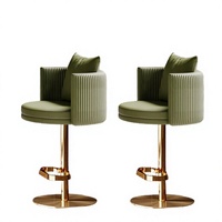Chaise de bar moderne en cuir, hauteur réglable, tabouret pivotant, dossier côtelé, siège rembourré, base dorée pour salon