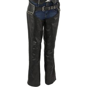 2025 mujeres clásicas de cuero negro motocicleta motociclista CHAPS con detalle ostentoso LKL6706 - Product Image 5