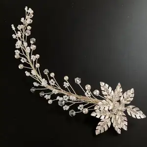 Romantische Custom Handgemaakte Zilveren Bloem Parelblad Haar Clip Bruiloft Banket Elegant Kristal Strass Haar Accessoire