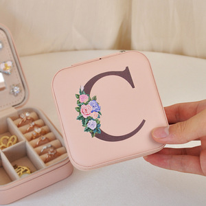 Birthday Gift for <strong>Women</strong> Small <strong>Jewelry</strong> Organizer <strong>Box</strong> Necklace Earrings Ring Holder Initial K Pink Logo PU Material Zipper - Product Image 6
