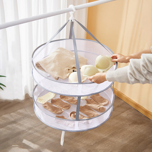 Clothes Drying <b>Basket</b> Double Layer Foldable Round Mesh Rack For Indoor Use With Hook Installation - Product Image 1
