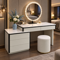 Coiffeuse blanche avec miroir rond éclairé et armoire de rangement latérale, ensemble de maquillage pour chambre à coucher et dressing féminin