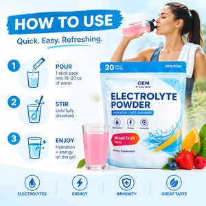 Sachets de poudre d'électrolytes pour adultes, fournissant de l'énergie, pour les événements sportifs, hydratation, <span class=keywords><strong>sans</strong></span> <span class=keywords><strong>sucre</strong></span>, différentes saveurs, 20 sticks, OEM HALAL - Product Image 4