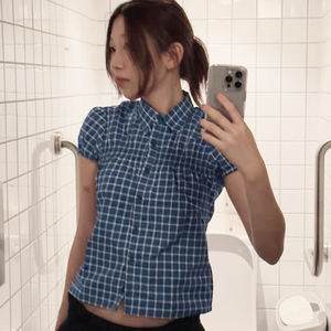 T-shirt à carreaux bleus pour femme, cardigan à col bouffant, coupe ajustée, style fille branchée, chemise patchwork amincissante - Product Image 3