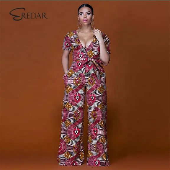 Combinaison barboteuse à jambe large et col en V pour femme, vêtement imprimé africain, décontracté, Sexy, nouveauté, été, 2020