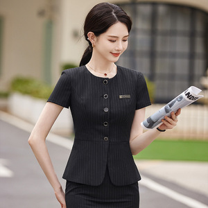 Striped Short Sleeve Blazer For Women Lightweight Summer Workwear Professional Uniform For Hotel Jewelry Store Gold Shop - Product Image 4