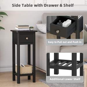 <strong>Narrow</strong> <strong>Tall</strong> End <strong>Table</strong> <strong>Bedside</strong> <strong>Table</strong> with Drawer and Modern Wooden Furniture Nightstand with Open Shelf for Home - Product Image 4