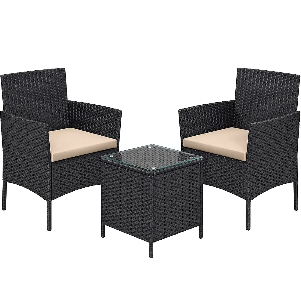 3 Stück Gartenmöbel Set PE Poly rattan Lounge Tisch und Stuhl Set im Freien mit 1 Tisch und 2 Stühlen für Patio Balkon