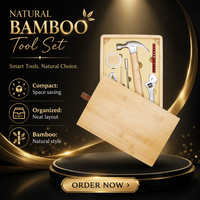 Kit d'outils ménagers en bambou, ensemble de réparation portable avec marteau, pinces, clé, mètre à ruban, porte-embouts, étui