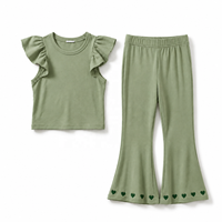 Ensemble de vêtements en coton côtelé pour filles de 2 à 10 ans, adolescents, avec pantalon évasé, imprimé décontracté à manches courtes, deux pièces