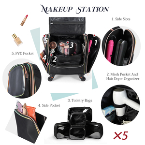 Rolling <b>Makeup</b> Train <b>Case</b> Professional <b>Makeup</b> <b>Case</b> Travel Cosmetic Organizer Make Up Trolley Storage Bag with 5 Toiletry Bags - Product Image 3