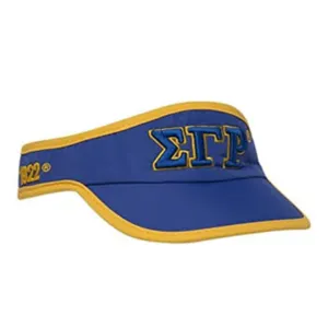 Schwesternheit griechischer Sigma Gamma Rho königlicher blauer Visier-Hut geschnitten im Goldenen Sonnenvisier-Hut