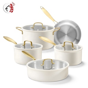 Bán buôn 9 cái nấu ăn chậu và chảo đặt tri-ply thép không gỉ <span class=keywords><strong>Cookware</strong></span> <span class=keywords><strong>Set</strong></span> với kem sơn trắng - Product Image 1