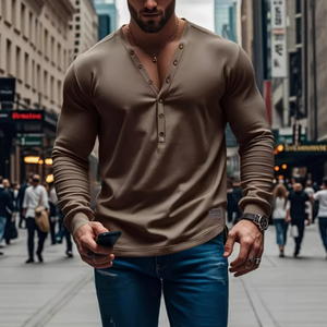 Camicia modellante da <span class=keywords><strong>uomo</strong></span> a maniche lunghe con <span class=keywords><strong>scollo</strong></span> a V e bottoni, stile americano, tinta unita, casual, per primavera/estate, 26 pezzi transfrontalieri - Product Image 4
