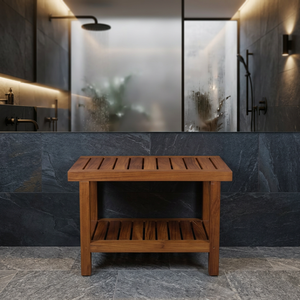 Taburete de Ducha Contemporáneo de Madera de Teca con Patas Rectas y Doble Plataforma - Product Image 1