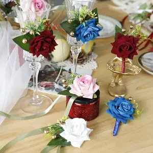 Свадебный Декор E13 на заказ, бутоньерка для жениха, подружек невесты, Шелковый Искусственный Пион, роза, цветок на запястье, корсаж для невесты и мужчин