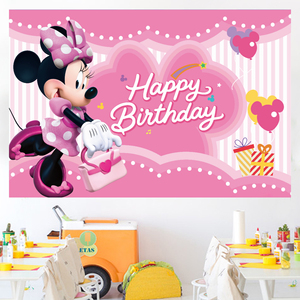 Fournitures de fête promotionnelles, bannière de fond de fête d'anniversaire rose <span class=keywords><strong>Minnie</strong></span> Mouse pour enfants, bébé, décorations de joyeux anniversaire - Product Image 3