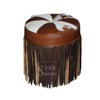Ottoman rond personnalisé avec frange fourrure de vachette rustique tan et blanc tabouret ottoman en cuir véritable pouf de qualité haut de gamme
