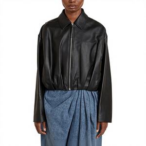 Women's Black <b>Sheep</b> <b>Skin</b> Raw Varsity <b>Jacket</b> Premium Soft Eco-Friendly Winter Urban Chic Streetwear High Fashion Outerwear - Product Image 1