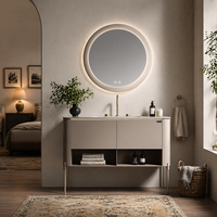 Ensemble de meuble-lavabo de salle de bain contemporain suspendu avec miroir LED rond rétroéclairé, armoire murale avec évier et étagère de rangement