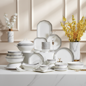 Service de table en porcelaine fine de 50 pièces pour 8 personnes – Vaisselle de mariage durable et élégante avec motifs blancs, bols et assiettes - Product Image 1